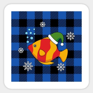 Xmas Tropical Fish Cartoon on Blue Buffalo Pattern Sticker